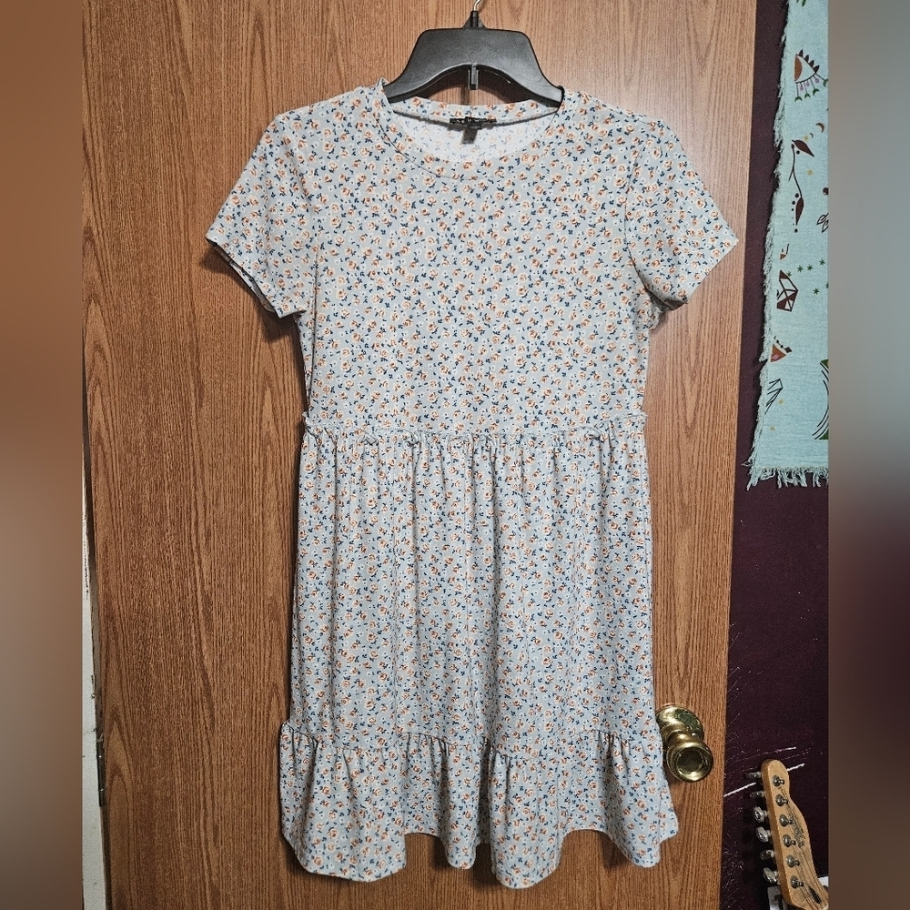 As U Wish Mini Short Sleeve Floral Babydoll Dress Sage Terracotta Blue!